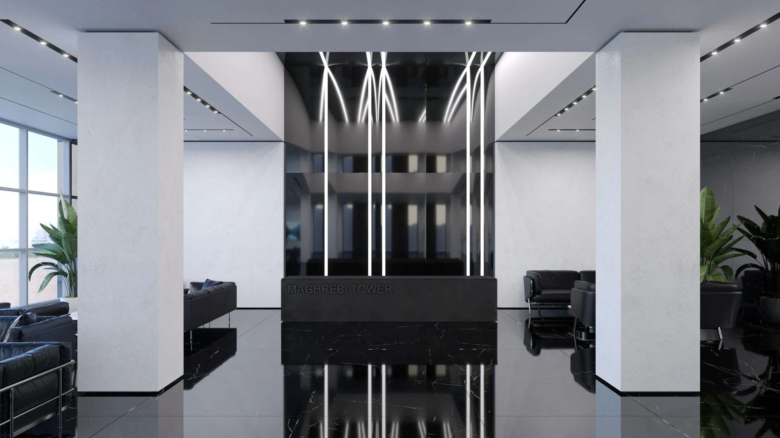 Double-height entrance hall in dark marble with a concierge desk