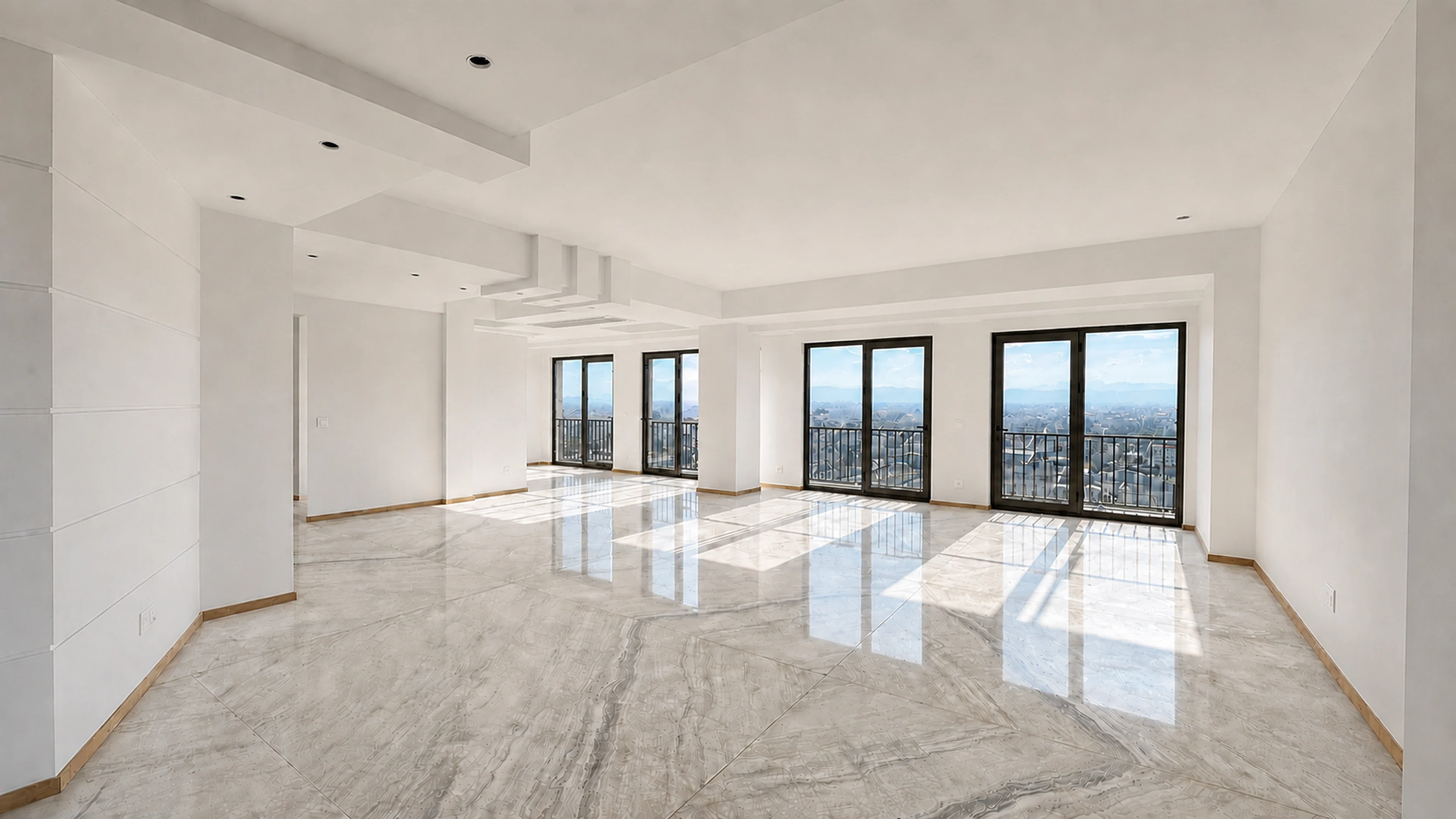 Reception room with full-height glazing, photographed before furnishing