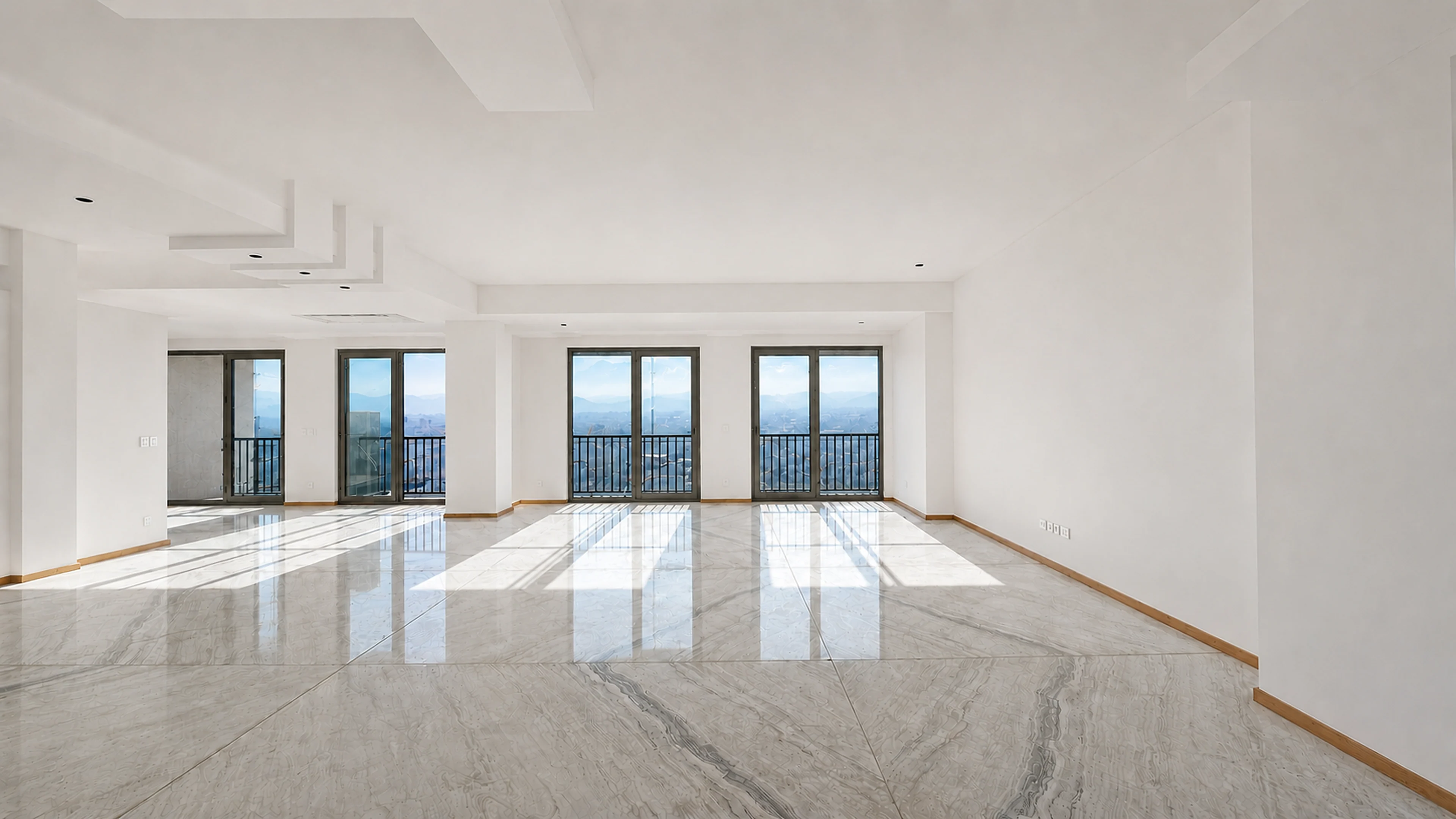 Living space opening onto three balconies, the town and mountains beyond