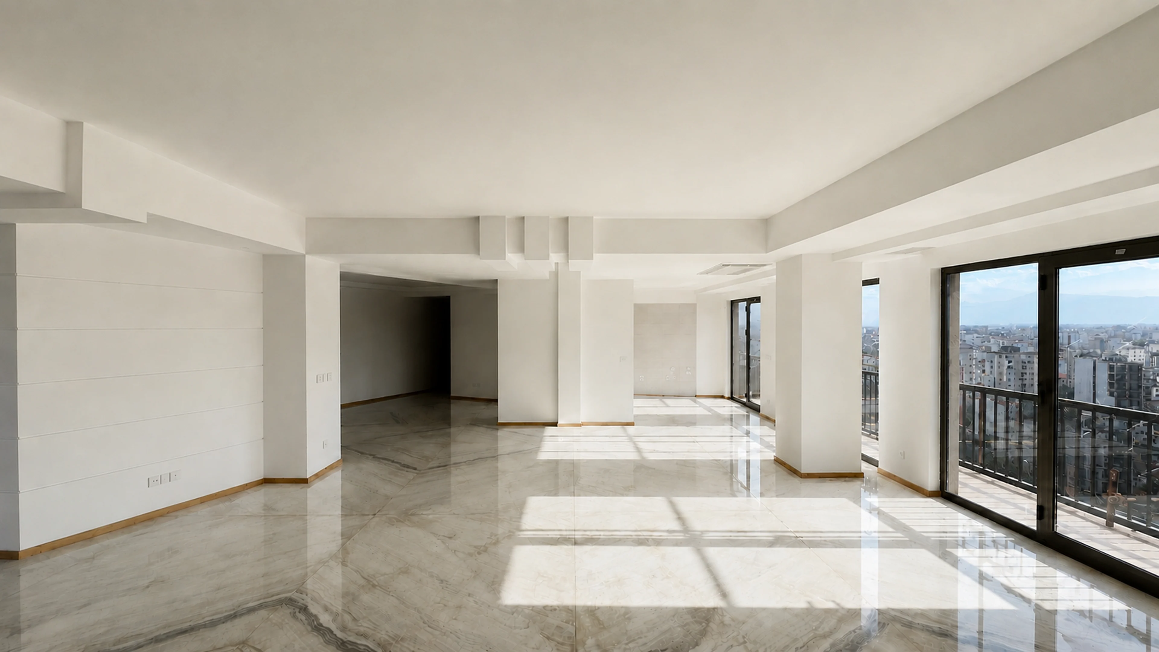 Sunlight raking across marble in a long open living space